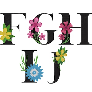 Floral Font Alphabet Letter Set Embroidery Design, Flower Alphabet F,G,H,I,J  letter Embroidery Design, Alphabet Machine Embroidery, 5 Sizes