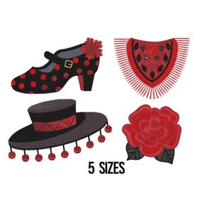 Puede incluir: Ilustración de elementos temáticos de flamenco. Incluye un zapato negro con lunares rojos, un sombrero negro con ribete y borlas rojas, un chal rojo y una rosa roja. También está presente el texto "5 SIZES".