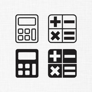 May include: Black and white line art illustrations of a calculator and mathematical symbols. The calculator icon has a display screen and number buttons. The symbols include plus, minus, multiplication, and equals signs.