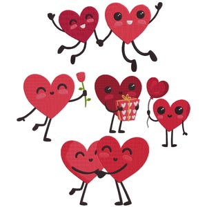 Puede incluir: Cinco corazones rojos de dibujos animados con caras sonrientes y brazos y piernas. Los corazones sostienen una rosa, una caja de regalo, un globo y se abrazan.