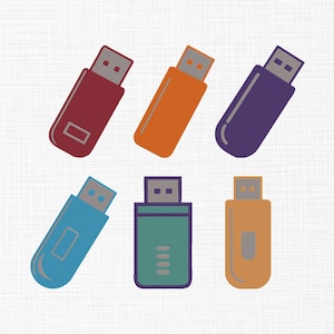 Peut inclure: Six clés USB colorées, rouges, oranges, violettes, bleues, vertes et jaunes. Chaque clé a un corps rectangulaire avec un connecteur USB en haut. Les clés sont disposées sur un fond blanc texturé.