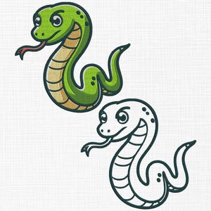May include: A green cartoon snake with a red tongue and black eyes. A black and white outline of the same snake is below it.