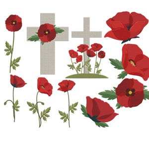 Könnte beinhalten: Eine Ansammlung roter Mohnblumen und grüner Blätter, zusammen mit zwei grauen Kreuzen. Die Mohnblumen sind in verschiedenen Blühstadien dargestellt, einige mit gelben Zentren. Das Bild ist vor einem weißen Hintergrund.