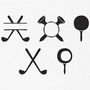 May include: Black golf-themed graphic elements on a white background. The image includes crossed golf clubs, golf tees, and a golf ball on a tee. The designs are simple and suitable for various applications.