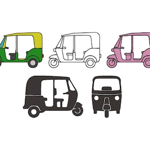 Puede incluir: Una ilustración de cinco auto-rickshaws coloridos. Uno es verde con techo amarillo, otro rosa y un tercero es una silueta negra. Los dos restantes son un contorno negro y una silueta de vista frontal.