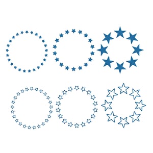 May include: Six circular designs featuring blue stars on a white background. The designs include solid and outlined stars, arranged in rings of varying sizes. The stars are a deep shade of blue, creating a contrasting visual against the white.