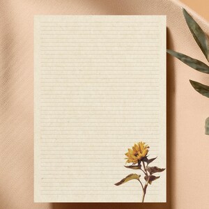Papel rayado con diseño de girasol vintage / Papelería para escribir imprimible tamaño A4 / Página de diario rústica / Descarga digital