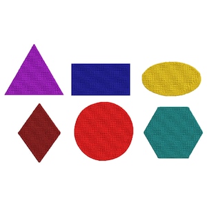 May include: A collection of six colorful fabric shapes: a purple triangle, a blue rectangle, a yellow oval, a maroon diamond, a red circle, and a teal hexagon. Each shape has a textured appearance and is set against a white background.