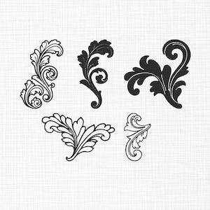 May include: Five black, ornate, floral design elements on a white background. The designs vary in size and shape, featuring swirling leaves and decorative flourishes. The image has a clean, minimalist aesthetic, suitable for various design applications.