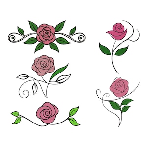 May include: A collection of floral designs featuring pink roses with green leaves and black stems. The designs include a horizontal arrangement, individual roses with curved stems, and a rose with leaves and a curved stem.