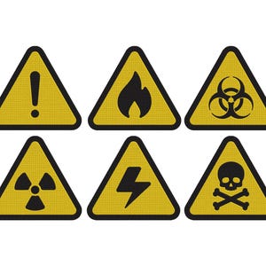 Op de afbeelding: Een set van zes gele driehoekige waarschuwingsborden met zwarte symbolen. De symbolen omvatten een uitroepteken, een vlam, een biohazard-symbool, een stralingssymbool, een bliksemschicht en een doodshoofd.