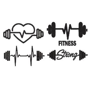 May include: Black and white fitness-themed designs. Includes a heart and barbell, a barbell with a heartbeat line, the word "FITNESS" with a barbell and heartbeat line, and the word "Strong" with a barbell.
