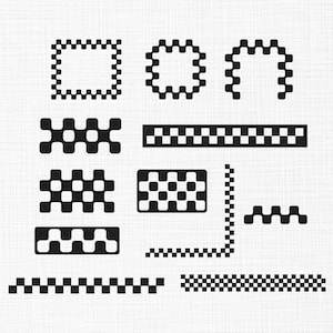 May include: Black and white checkered design elements in various shapes. Includes squares, rectangles, and curved shapes. The designs are arranged on a white background with a subtle texture.