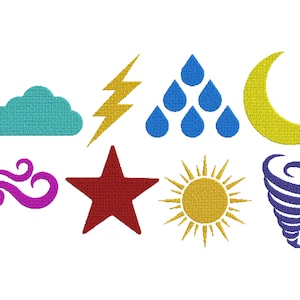 May include: A collection of embroidered weather symbols including a teal cloud, yellow lightning bolt, blue raindrops, and a yellow crescent moon. Other symbols include a purple swirl, red star, yellow sun, and a blue and purple tornado.
