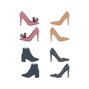 May include: An illustration of various women's footwear. The image features two pairs of pink high heels with bow accents, two pairs of tan high heels, two pairs of navy blue ankle boots, and two pairs of navy blue polka dot high heels.