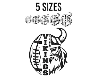May include: Black and white illustration of a Viking helmet with a football helmet design. The helmet has the word "VIKINGS" written vertically on the side. The image is available in 5 sizes.