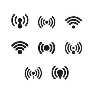 May include: A collection of nine black and white Wi-Fi signal icons. The icons vary in design, with curved lines and dots representing signal strength. These graphics are suitable for digital design and tech-related themes.