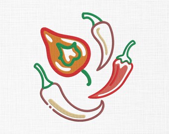 Hot Chili Pepper Embroidery Designs - Spicy Chili Pepper Design Files - Applique Hot Chili Pepper Machine Embroidery Design Files - 6 Sizes