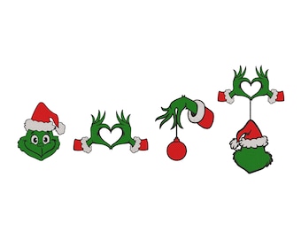 Op de afbeelding: Een verzameling van vier kerst-thema Grinch-ontwerpen. De ontwerpen omvatten het gezicht van de Grinch met een kerstmuts, handen die een hart vormen, een hand die een rode bal vasthoudt en het gezicht van de Grinch met een kerstmuts die aan een hartvormig handgebaar hangt.