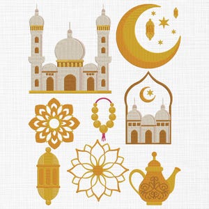 May include: A set of gold embroidery designs featuring Islamic motifs. The designs include a mosque, a crescent moon, a star, a lantern, a flower, and a teapot.