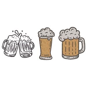 以下が含まれることがあります： 泡立った頭のビールグラス3つのイラスト。2つのマグカップがぶつかり合い、背の高いグラスと大きなマグカップも表示されています。ビールグラスは茶色と白で、手描きのテクスチャードスタイルです。