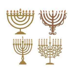 May include: Four embroidered menorahs in gold and brown tones are displayed against a white background. Each menorah features nine candle holders with flames. The designs vary, including a classic arched shape and a menorah with a leaf design.