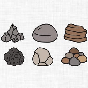 May include: A collection of six cartoon-style rocks in various shapes and colors. The rocks include jagged gray stones, smooth gray stones, layered brown stones, a dark gray rock with holes, a light tan rock, and a pile of brown and gray stones.