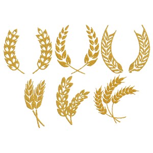 Könnte beinhalten: Eine Sammlung von acht goldenen Weizen- oder Gerstenstickmustern. Die Designs variieren in Form und Anordnung, darunter einzelne Ähren, gekreuzte Ähren und kreisförmige Kränze. Alle Designs sind vor einem weißen Hintergrund platziert.
