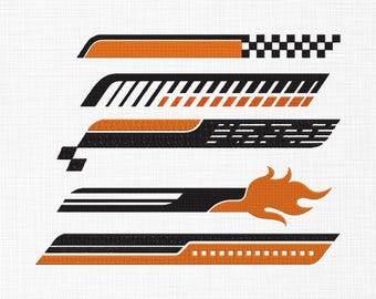 May include: A collection of five automotive-themed graphic designs. Each design features a black and orange color scheme with various patterns, including checkered flags, stripes, and flame motifs. The designs are arranged horizontally.