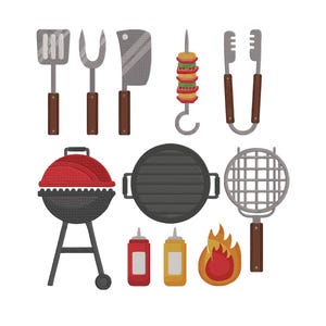 Puede incluir: Colección de ilustraciones con temática de barbacoa. Incluye una parrilla roja y negra, utensilios de cocina, un pincho con comida, pinzas, una rejilla y botellas de condimentos. También se incluye un gráfico de llama.