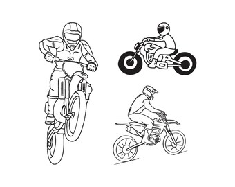 May include: Black and white line art illustrations of motocross riders on motorcycles. One rider is popping a wheelie, while the other two are riding on the ground. The riders are wearing helmets and protective gear.