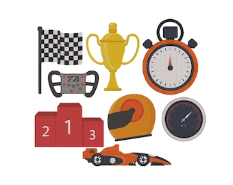 May include: A collection of racing-themed illustrations. Includes a checkered flag, a gold trophy, a stopwatch, a steering wheel, a podium with numbers, a helmet, a gauge, and a race car. The color palette features red, orange, black, and gold.