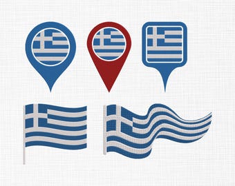 Greece Flag Embroidery Design, Greece Location Icons Embroidery Design, Wavy Greece Flag Embroidery, Machine Embroidery Design, 6 Sizes