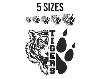 Tigerbroderidesign - Broderifiler med ilsket tigerhuvud - Applikationsbroderi med tigersilhuett - Maskinbroderidesignfiler - 5 storlekar
