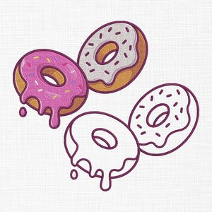 Könnte beinhalten: Drei Donuts, einer mit rosa Zuckerguss und Streuseln, einer mit weißem Zuckerguss und Streuseln und einer mit weißem Zuckerguss ohne Streusel. Alle Donuts haben eine braune Mitte.
