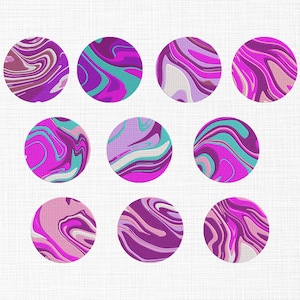 May include: Nine circular designs with a marbled effect. The color palette includes shades of purple, pink, and teal, with swirling patterns creating a dynamic visual texture. The circles are arranged in a grid pattern against a white background.