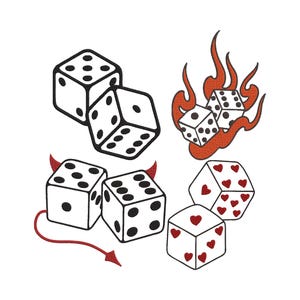 May include: A collection of dice illustrations in a variety of styles. Some dice are black and white, others feature flames, devil horns, or heart symbols. The dice are arranged on a white background.