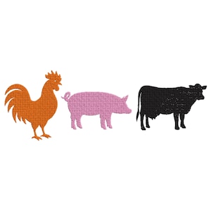 Koe varken kip borduurwerk ontwerpen, boerderij dieren silhouet, koe varken kip mini-borduurwerk, machine borduurwerk ontwerpen, boerderij borduurwerk, 6 maten