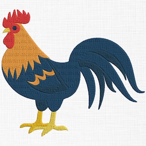 May include: A stylized illustration of a rooster with a red comb and wattle, orange neck feathers, and a blue body and tail feathers.