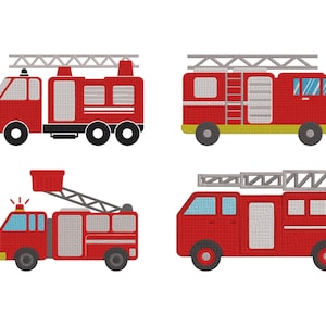 May include: Four red fire engines with ladders and different designs are shown against a white background. Each vehicle has black wheels and a silver ladder. The illustrations are in a cartoon style.