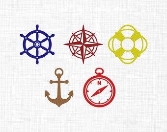 Peut inclure: Ensemble d'illustrations sur le thème nautique. Comprend un gouvernail bleu, une rose des vents rouge, une bouée de sauvetage jaune, une ancre marron et une boussole rouge. Tous les éléments sont sur fond blanc.
