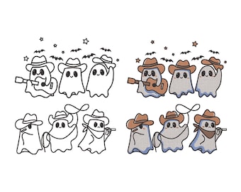 Disegno per ricamo spettrale di un cowboy fantasma per Halloween, ricamo di un cowboy fantasma rockstar, disegno per ricamo a macchina, file di un simpatico cowboy fantasma, 5 dimensioni