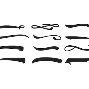 May include: A collection of black swoosh design elements in various shapes and sizes. These decorative graphic elements are ideal for adding a stylish touch to any design project. The swooshes are set against a clean white background.