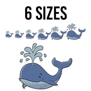 Whale Embroidery Design -Cute Baby Smiley Whale Embroidery Files-Whale Spouting Water from Blowhole Machine Embroidery Design Files -6 Sizes