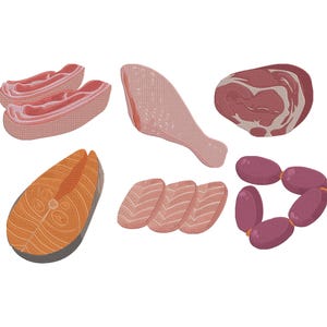 May include: An illustration of various cuts of meat and fish, including salmon, bacon, a chicken leg, steak, and sausages. The image features a white background and a cartoon-like style.