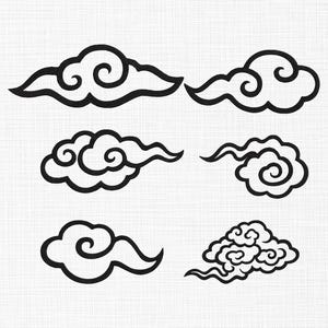 May include: Black line art of six stylized clouds with swirling and curved shapes. The clouds vary in size and design, with some featuring multiple swirls and others a more elongated form. The artwork is set against a white textured background.