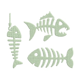 May include: Three light green fish skeleton designs. One is on a hook, another has an open mouth, and the third is a simple outline. The designs are embroidered on a white background.