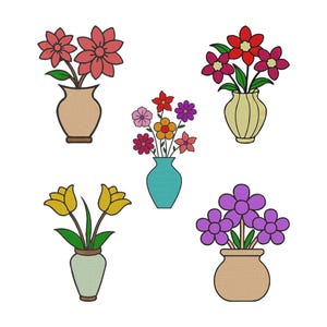 May include: Five colorful flower arrangements in vases. The flowers are red, purple, yellow, and orange. The vases are tan, yellow, teal, green, and tan. The image is a cartoon illustration.