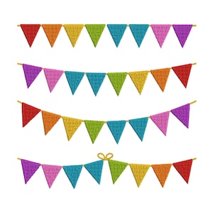 May include: Four rows of colorful triangular flags in red, orange, yellow, green, blue, purple, and pink. Each row of flags is strung on a thin, golden-colored string, perfect for festive decorations.