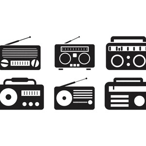 Broderidesign med retroradiopaket, broderidesign med vintageradio, broderi med radiosilhuett, designfiler för maskinbroderi, 6 storlekar